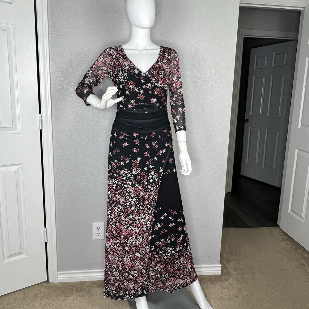 Kay Unger Maxi Dress Mesh Floral Whimsigoth Pastel Goth Black Pink Size S - Picture 2 of 7